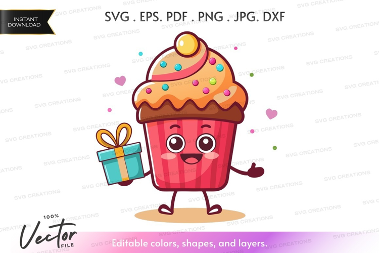 Cute cupcake character holding a gift