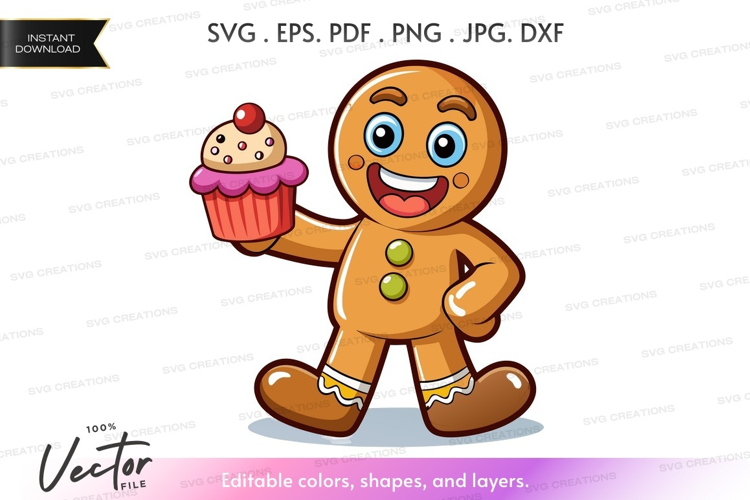 Joyful gingerbread man with cupcake