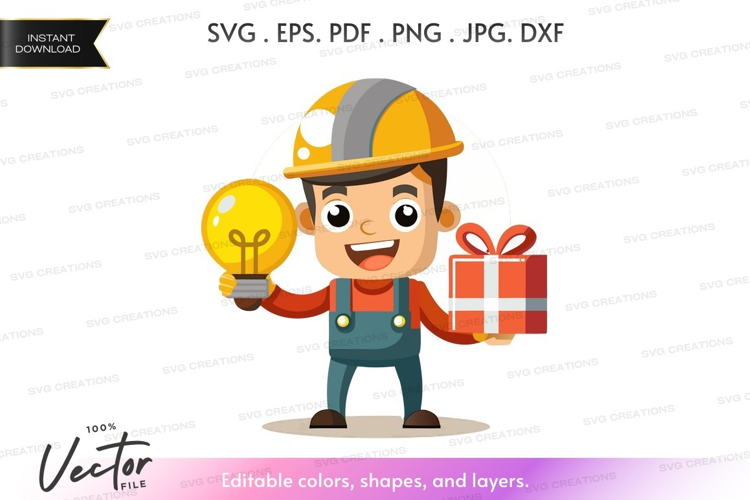 Happy engineer with gift and lightbulb