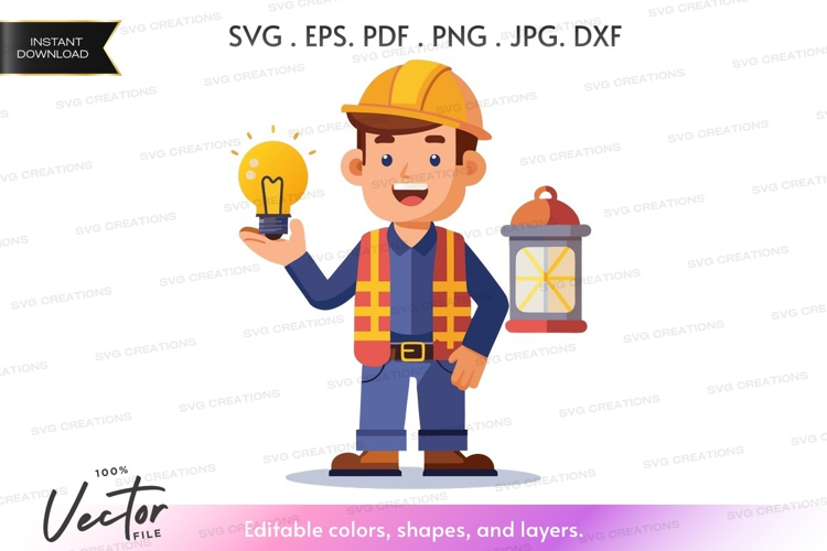 Electrician with light bulb and lantern