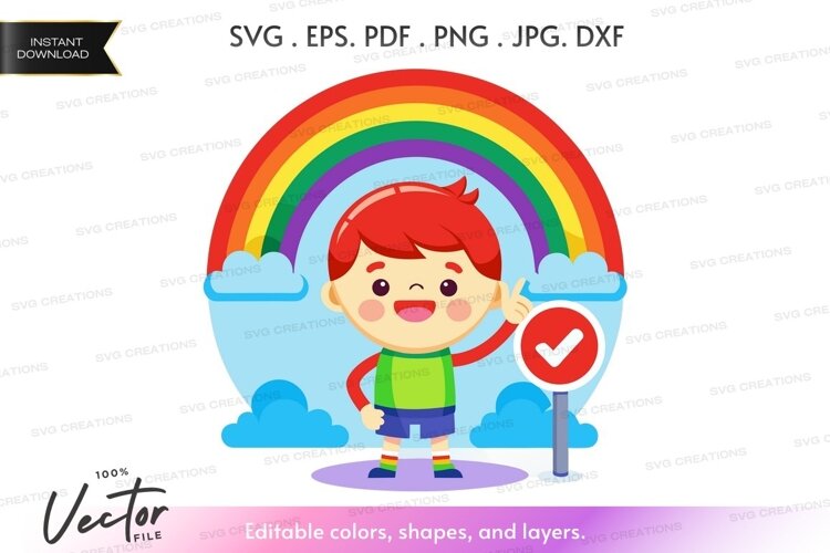 Happy child with rainbow and checkmark sign example image 1