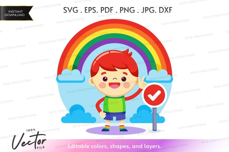 Happy child with rainbow and checkmark sign