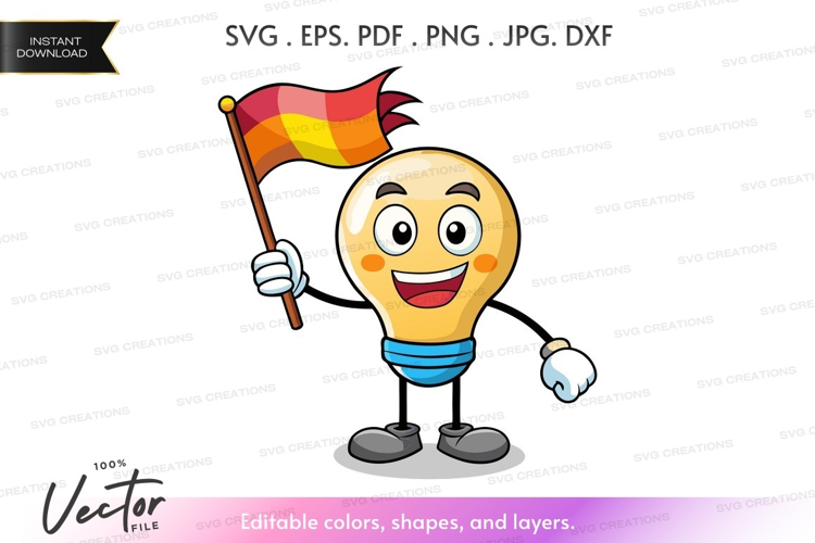 Lightbulb mascot holding flag