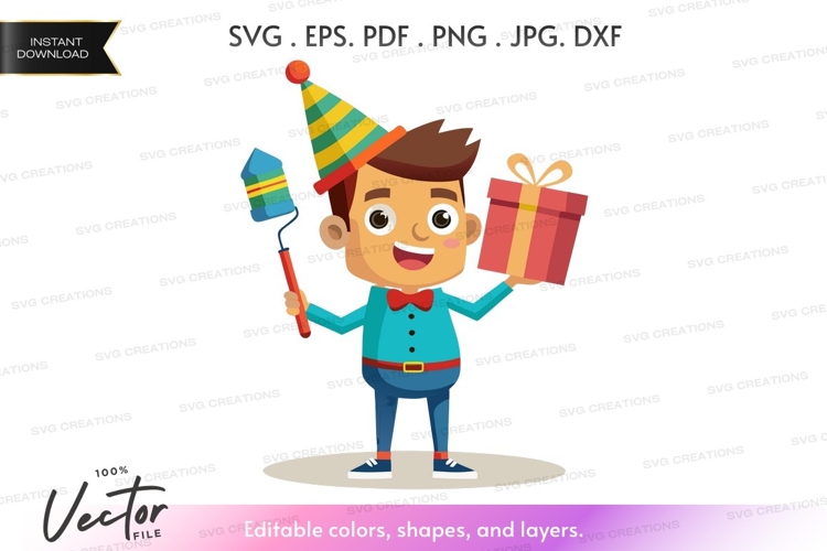 Happy birthday boy with gift and party hat