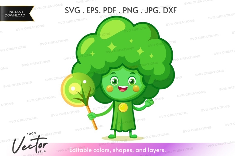 Happy broccoli character holding lollipop