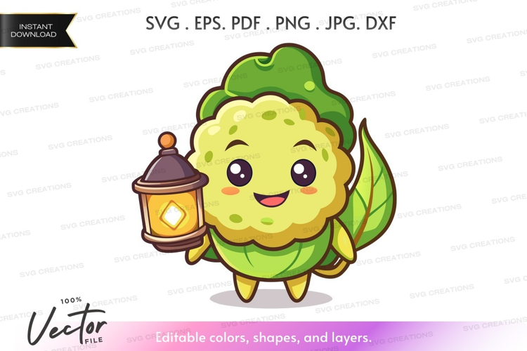 Cute broccoli character holding a lantern
