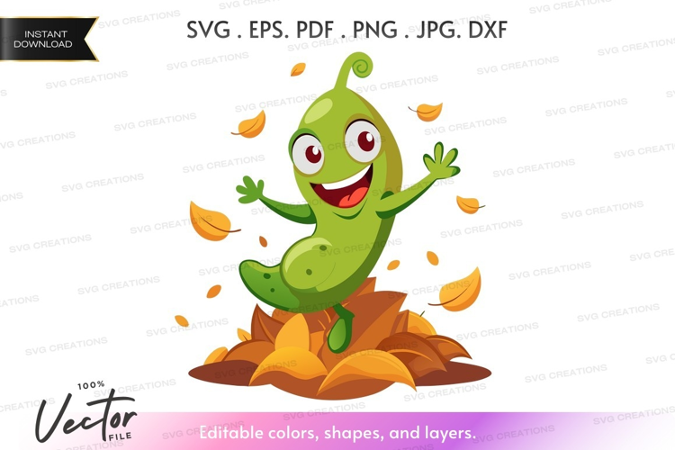 Happy green alien playing in fall leaves