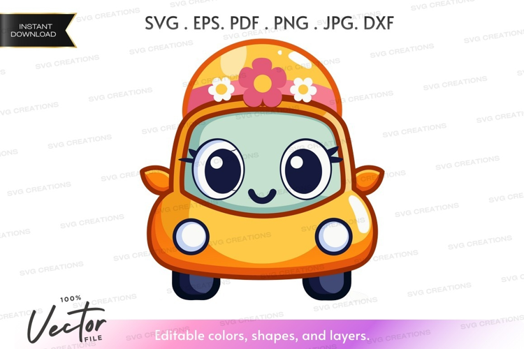 Cute cartoon car with flower hat
