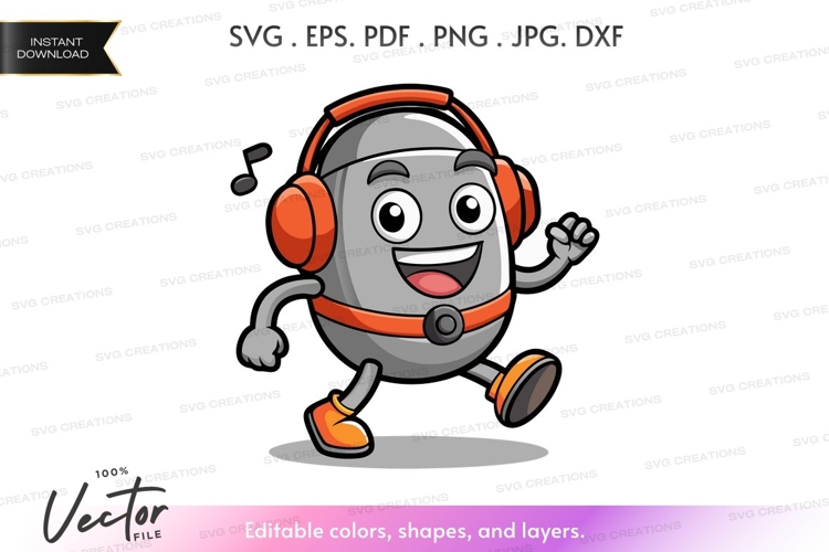 Happy speaker character running with headphones