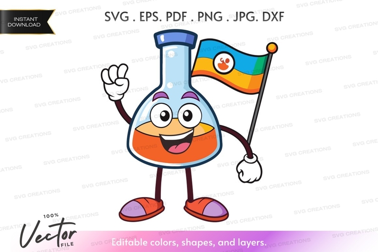 Chemistry erlenmeyer flask character holding flag