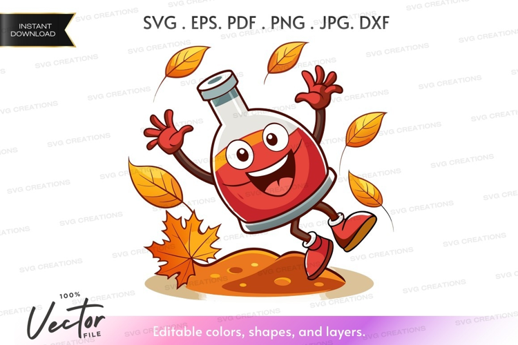 Happy wine bottle dancing in autumn leaves