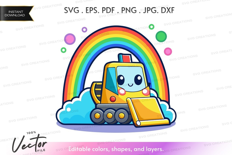 Happy construction vehicle under rainbow