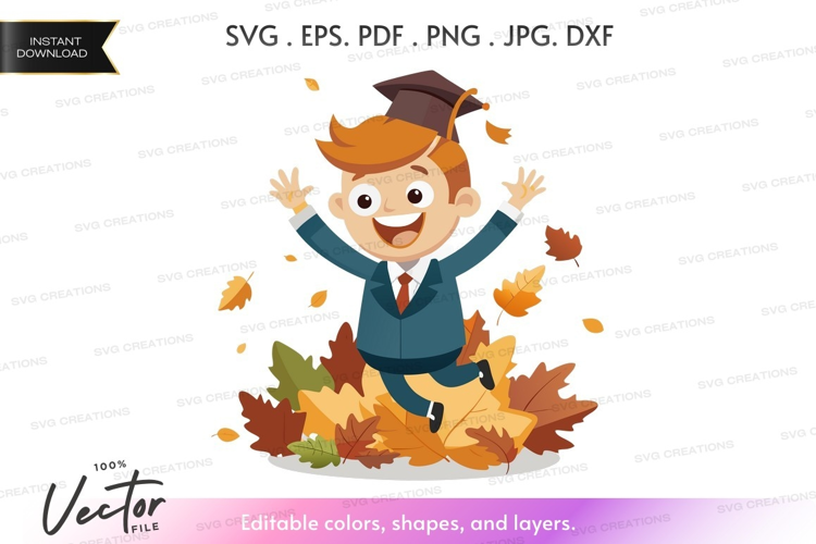 Jubilant graduate playing in fall leaves