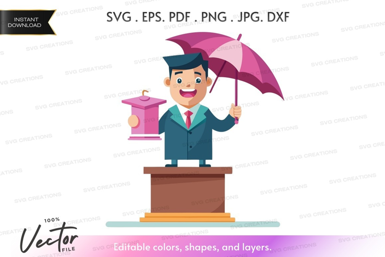 Businessman with umbrella and piggy bank