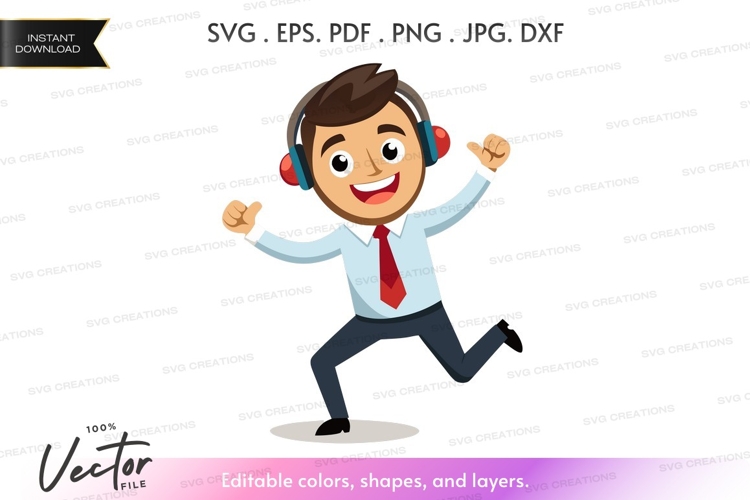 Happy businessman dancing with headphones