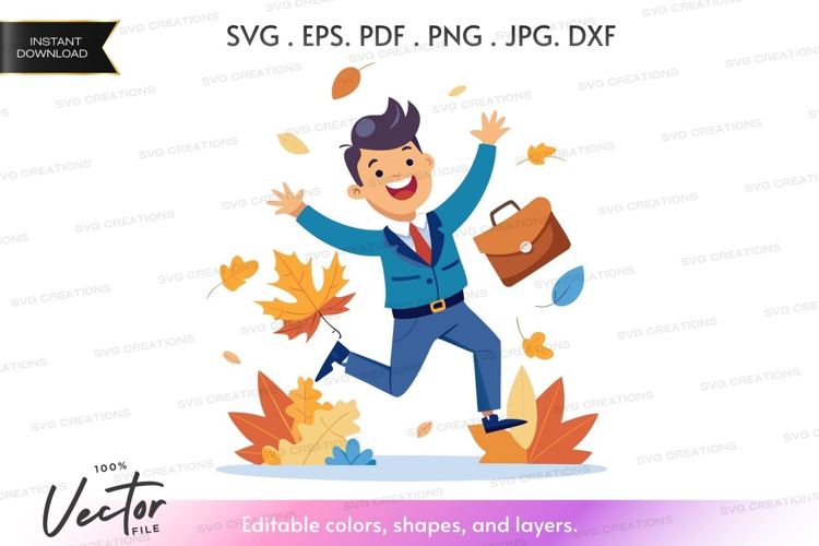 Businessman running through fall leaves