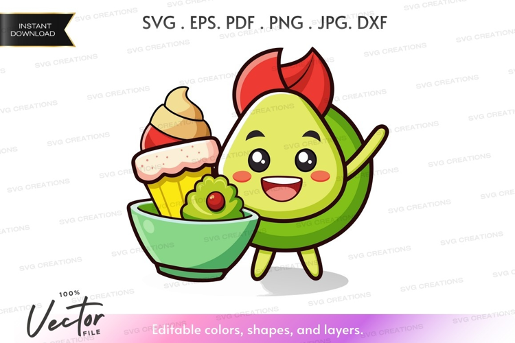 Avocado character enjoying desserts