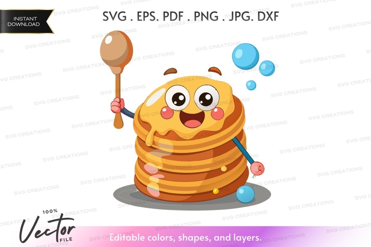 Stack of pancakes with face holding spoon vector silhouette