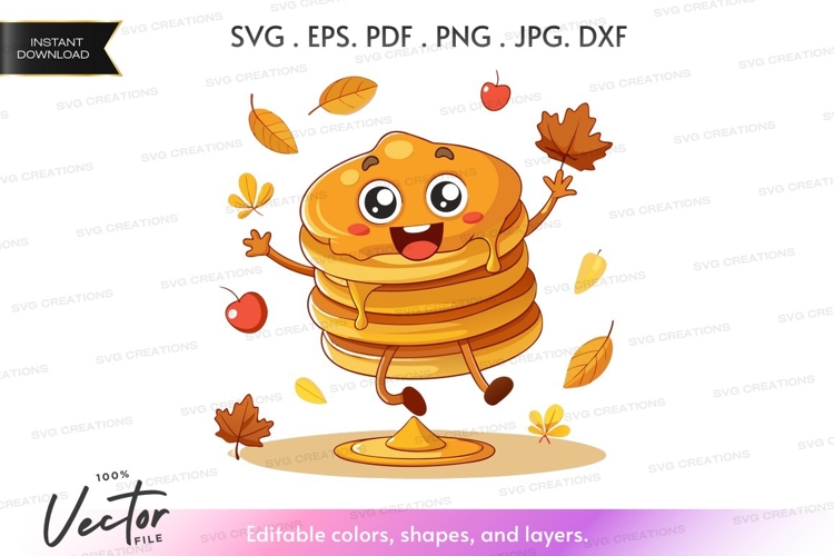 Stack of pancakes with face and arms celebrating autumn