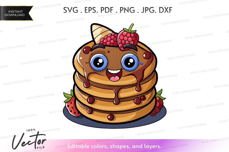Stack of pancakes with chocolate syrup and berries