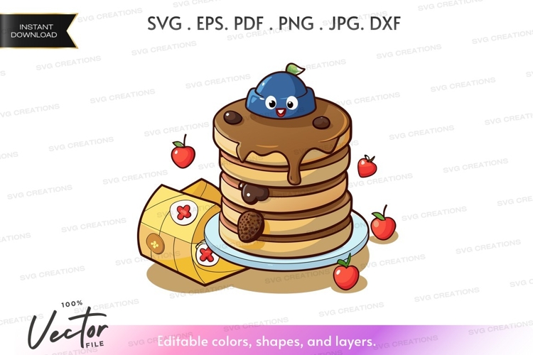 Stack of pancakes with blueberry character