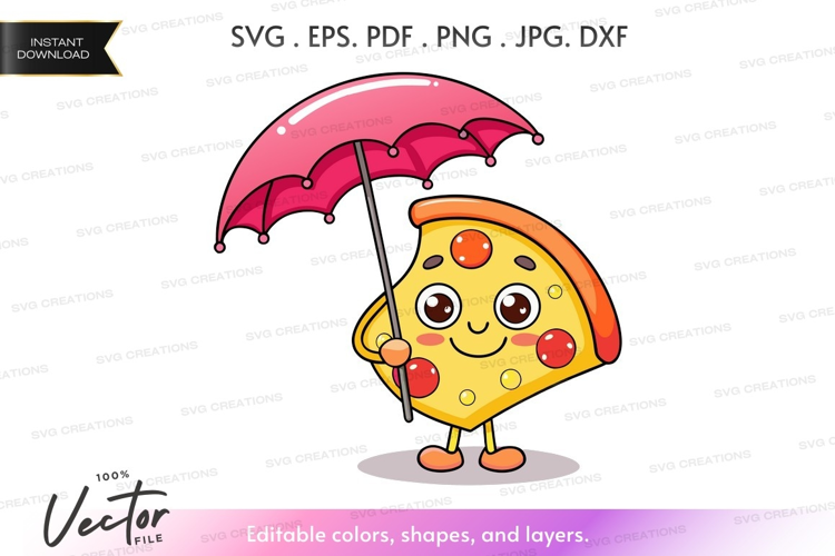 Cheerful pizza slice with umbrella