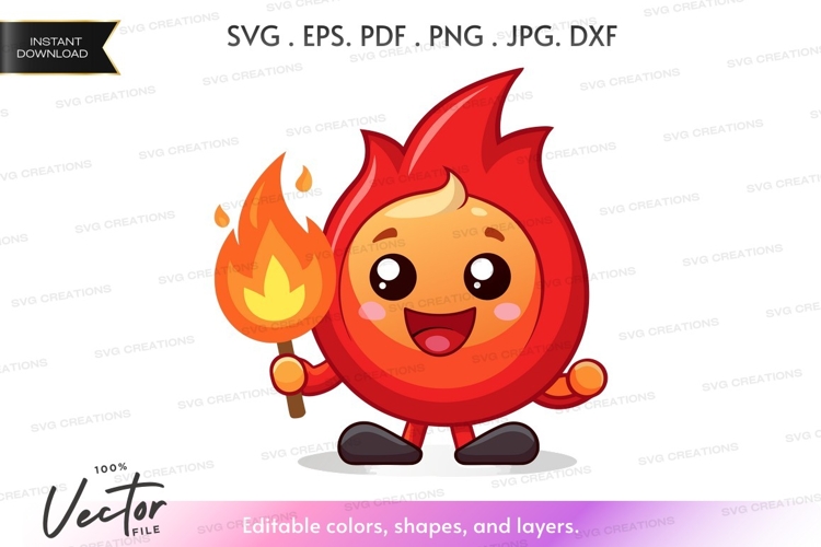 Cute fire flame character holding a torch