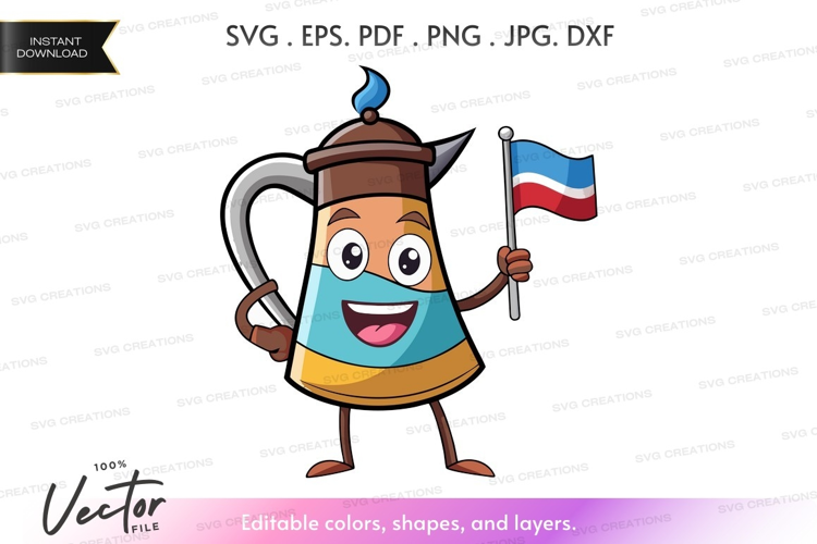 Cheerful samovar character holding russian flag