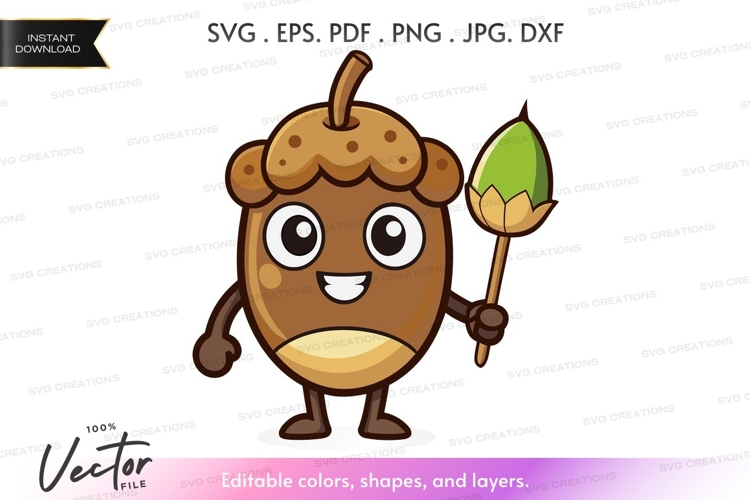 Acorn character holding a leaf