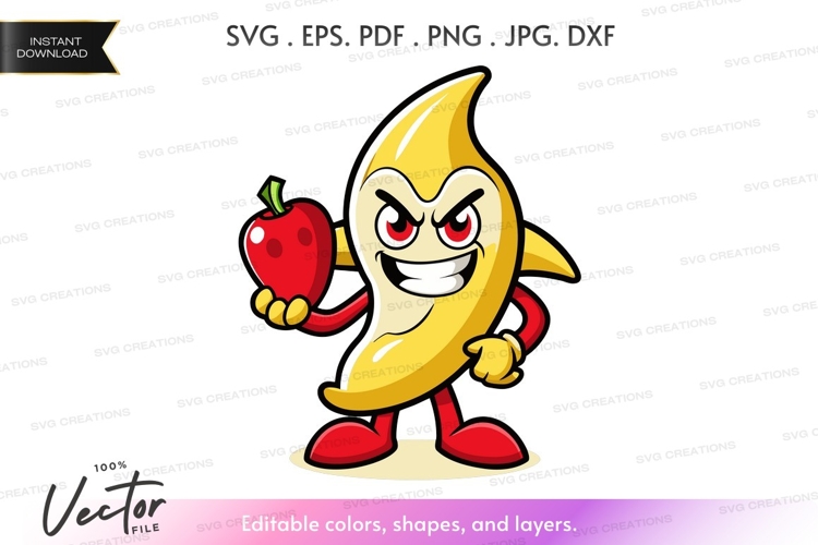 Angry banana holding an apple