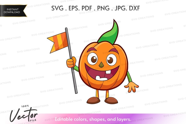 Pumpkin character holding flag