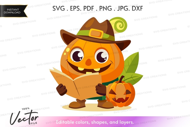 Pumpkin character reading a book