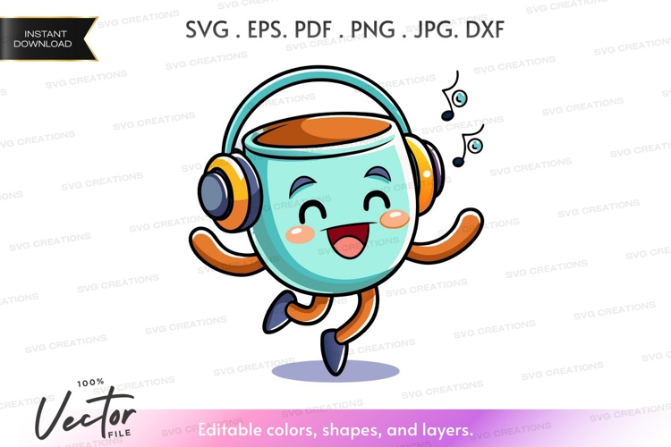 Dancing coffee cup with headphones