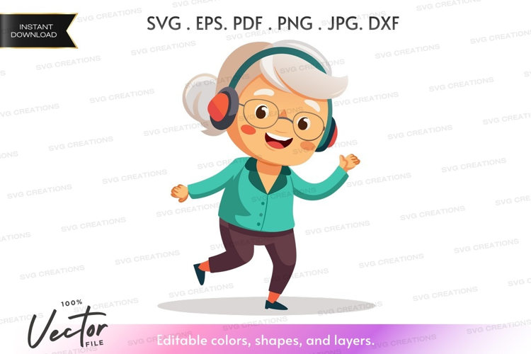 Dancing elderly woman with headphones