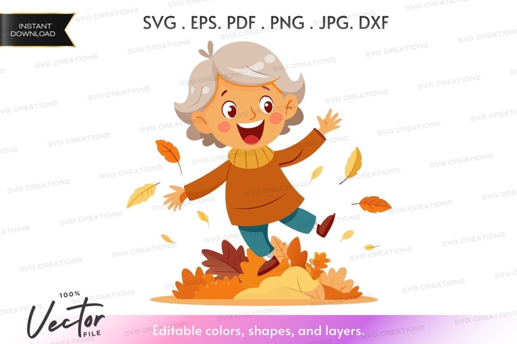Happy elderly woman playing in fall leaves