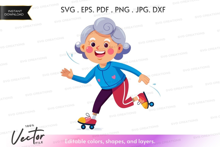 Happy elderly woman roller skating