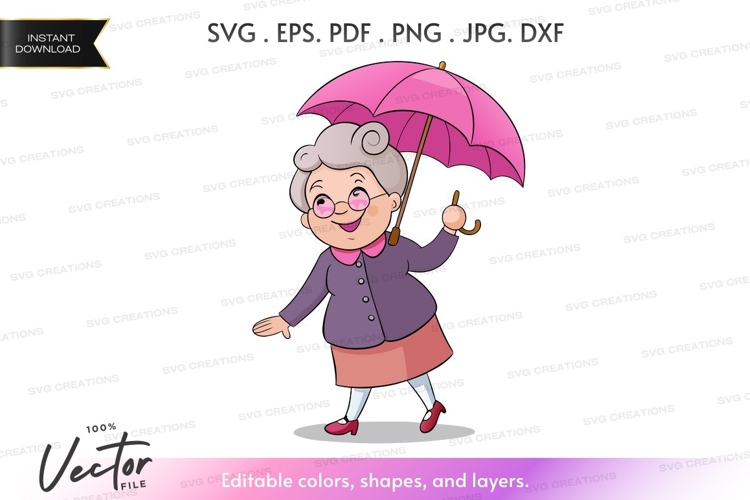 Cheerful elderly woman with umbrella