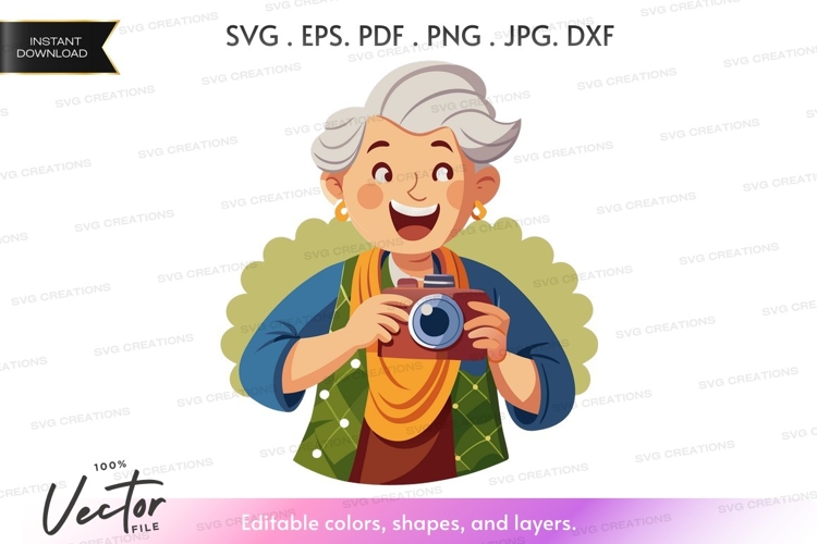 Happy elderly woman with camera
