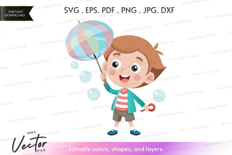 Happy boy with balloon and bubble blower