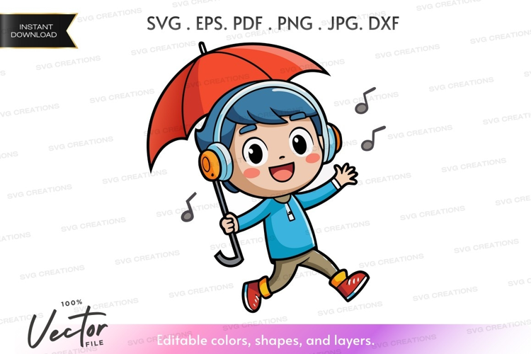 Happy child listening to music in the rain