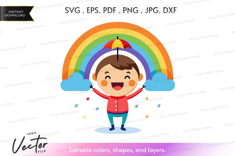 Happy child under rainbow with umbrella