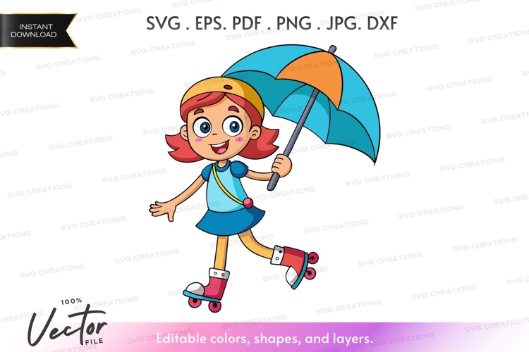 Happy girl skating with umbrella
