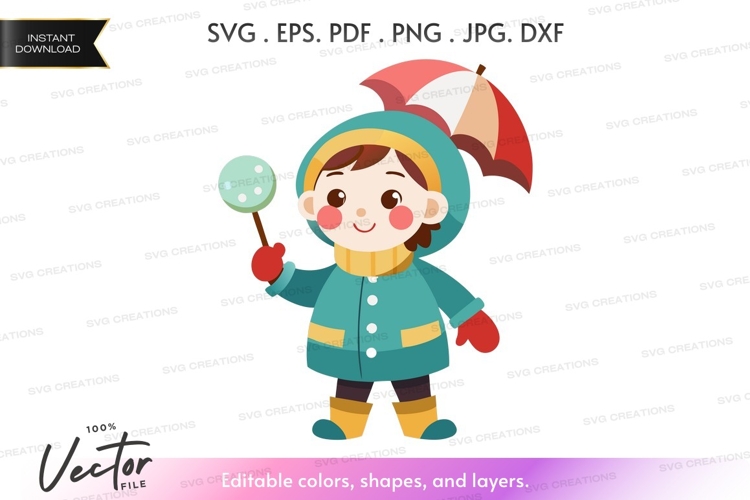 Happy child in winter clothes with lollipop and umbrella
