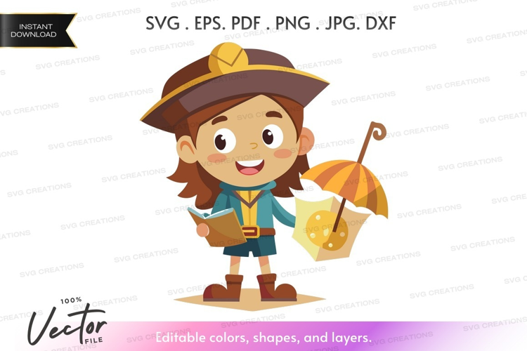 Adventurous girl with map and umbrella