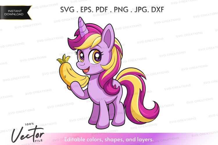 Purple unicorn eating banana vector silhouette
