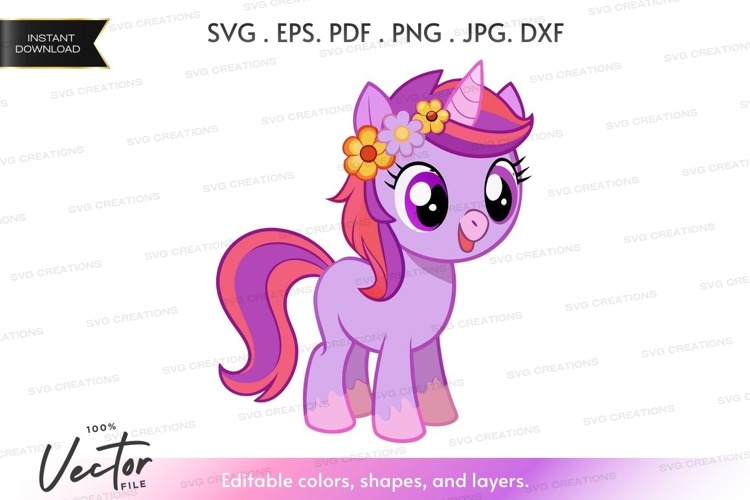 Purple pony with flowers and unicorn horn