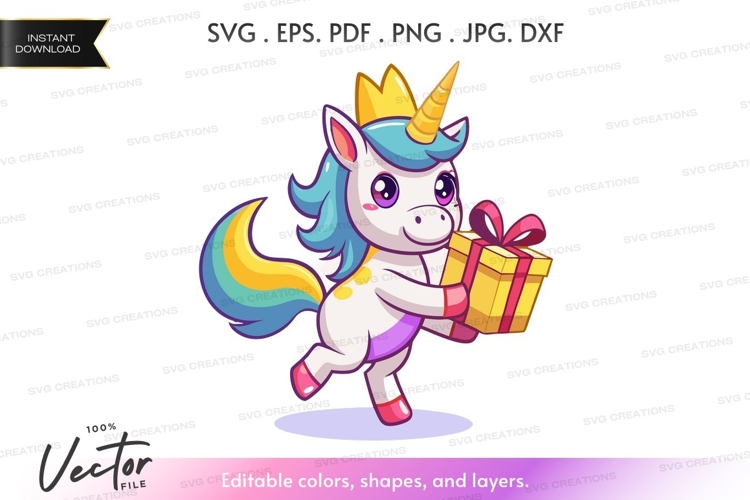 Cute unicorn holding a gift box