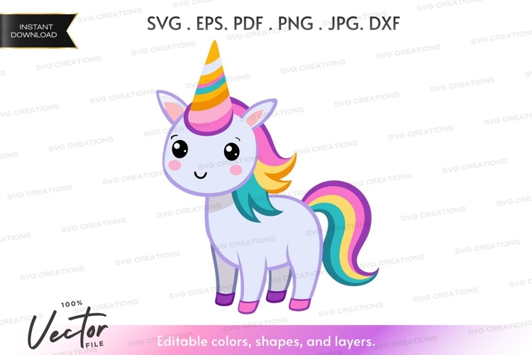 Cute unicorn with rainbow tail and horn