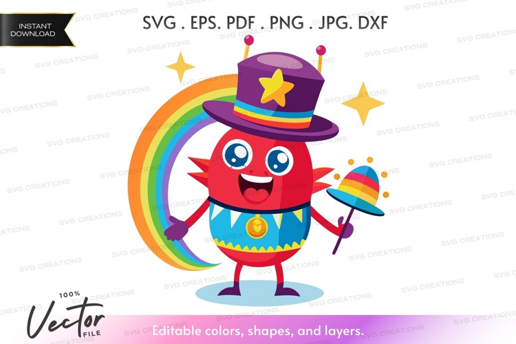 Whimsical red monster with rainbow and magic hat
