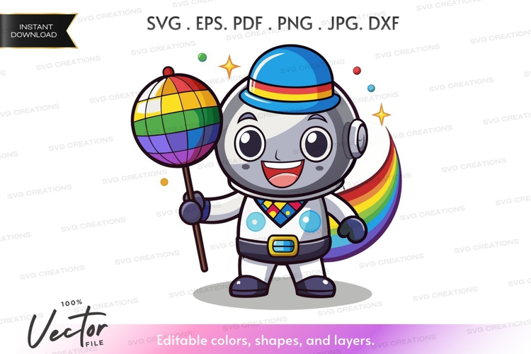 Happy robot with rainbow and globe